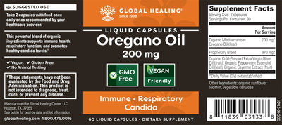 Oregano Oil Liquid Capsules 200mg by Global Healing Supplement Facts