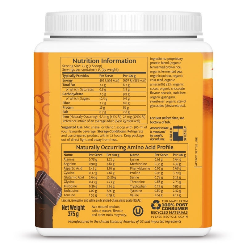 Sunwarrior Classic Plus Organic Protein Chocolate Nutrition Information